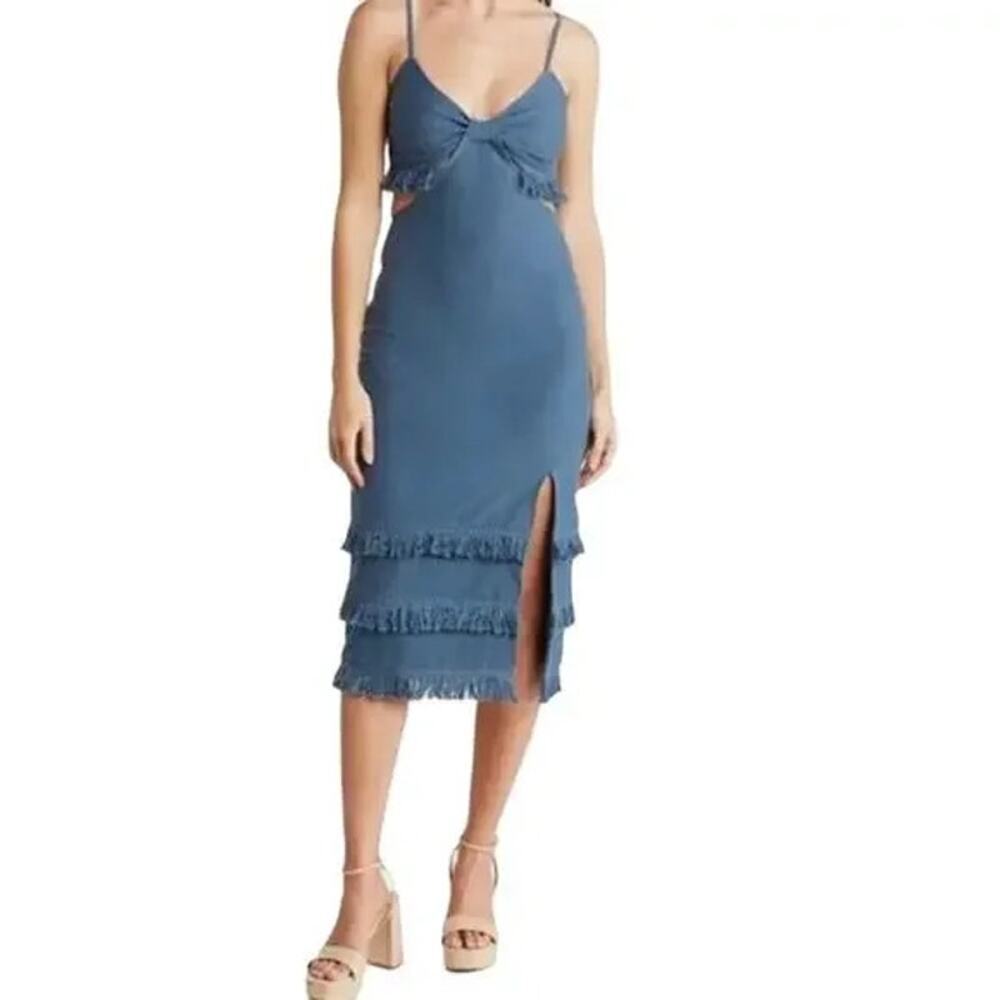 Bonheur D'amour Blue Sweetheart Neckline Midriff Cutouts Fringe Dress Size L